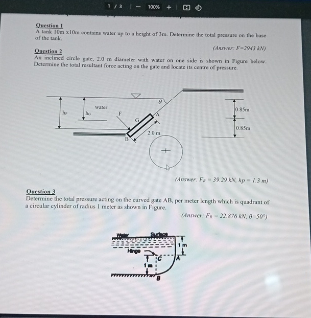 Question 1 A tank 1 0 m 1 0 m contains water up