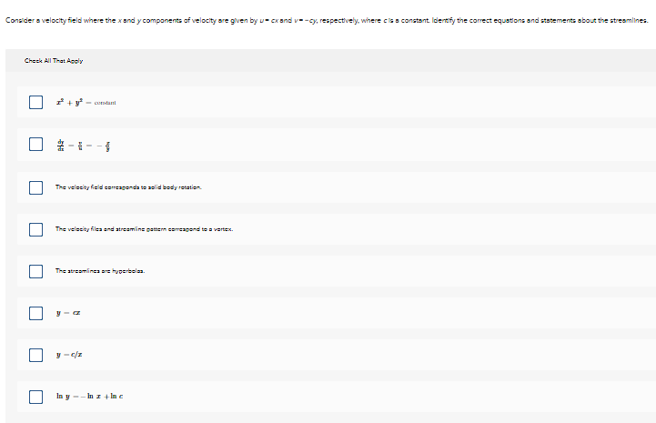 Consider a velocity field where the x snd y