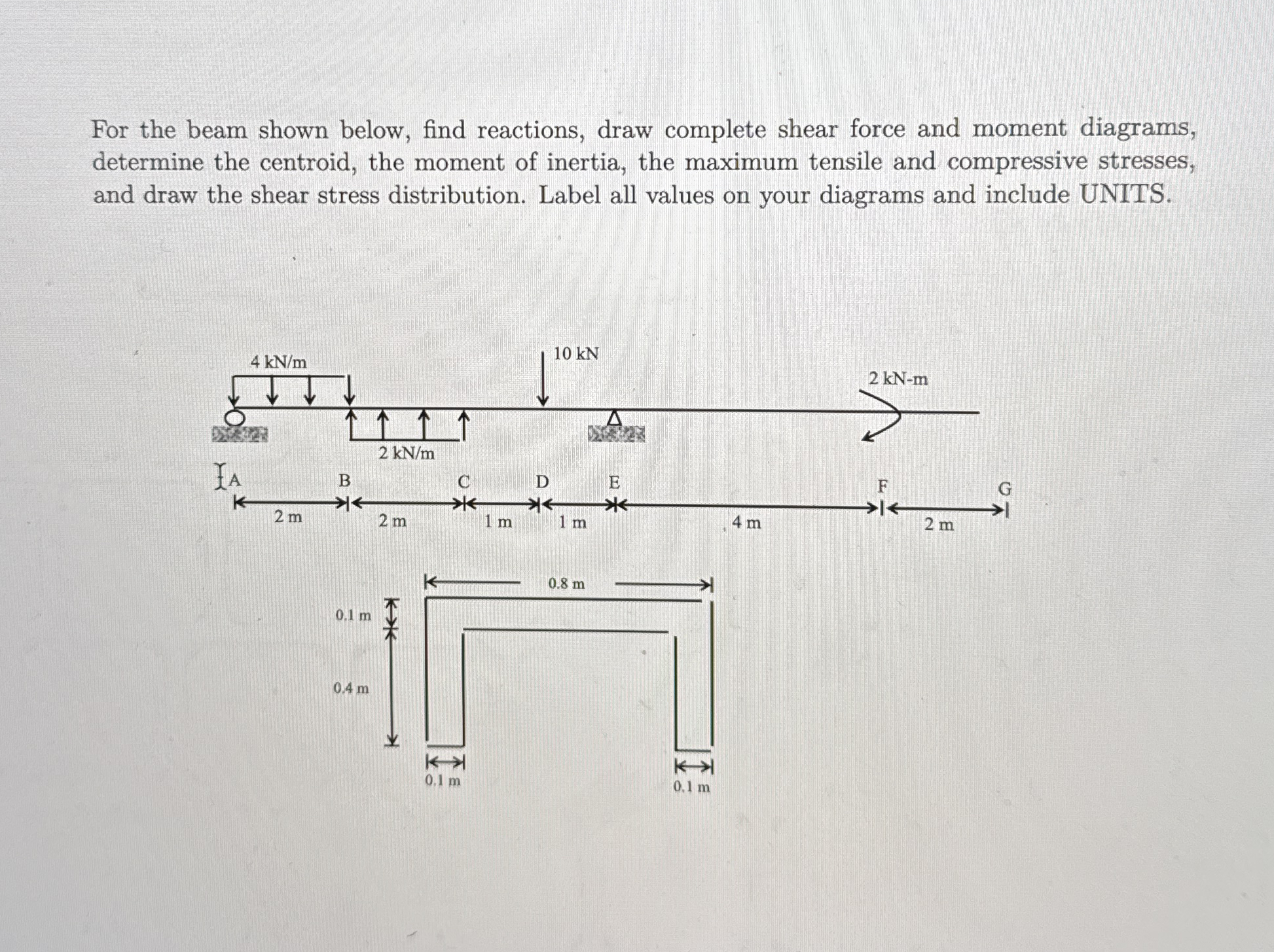 For the beam shown below, find reactions, draw
