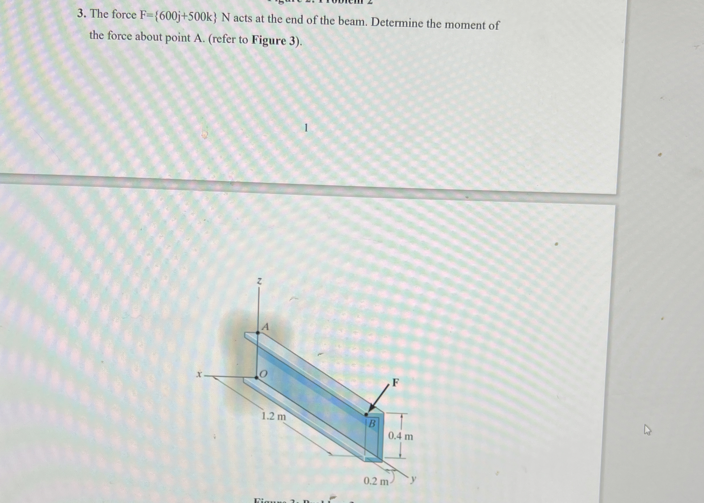The force F = { 6 0 0 j + 5 0 0 k } N acts at the