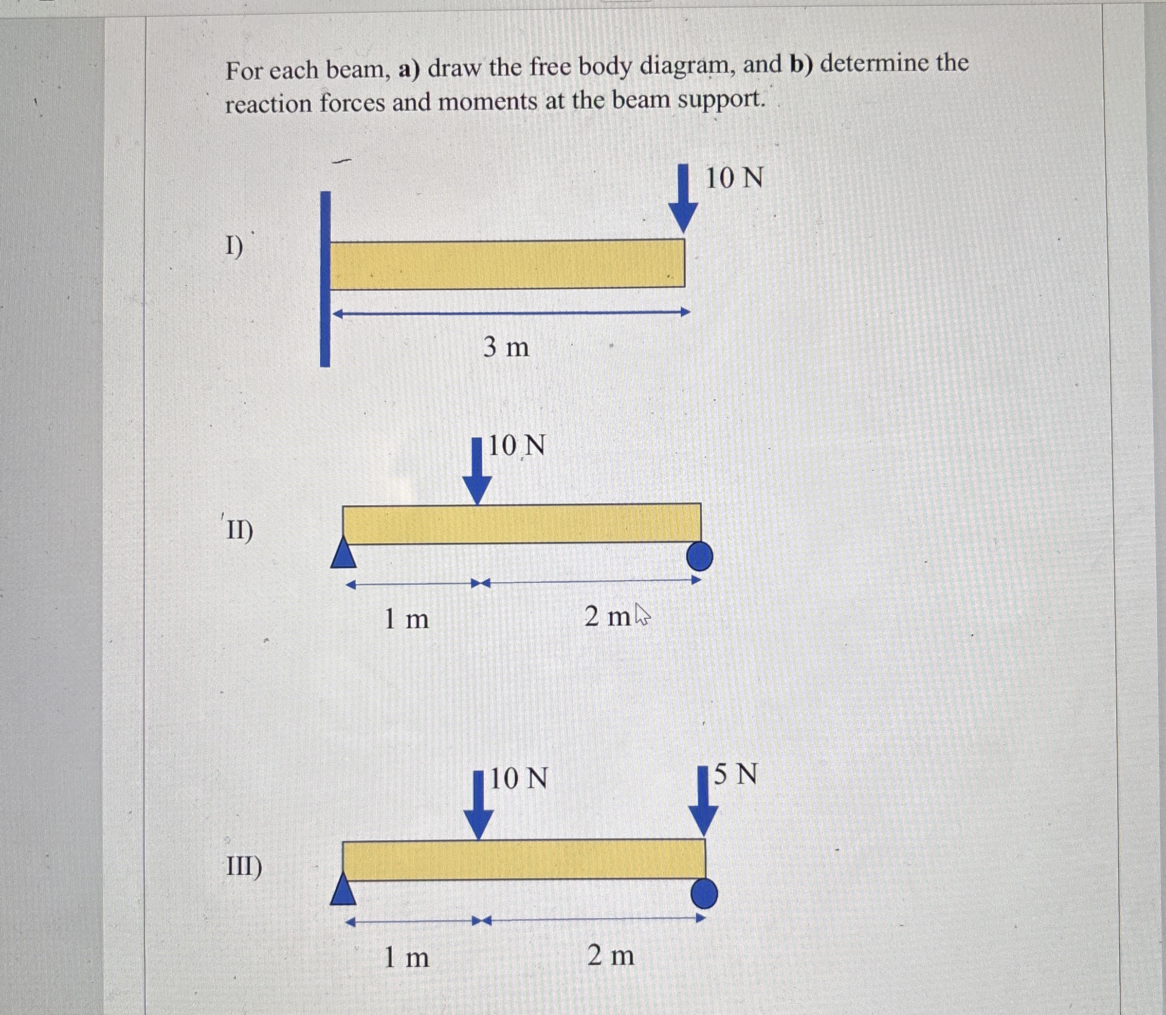 For each beam, a ) draw the free body diagram,