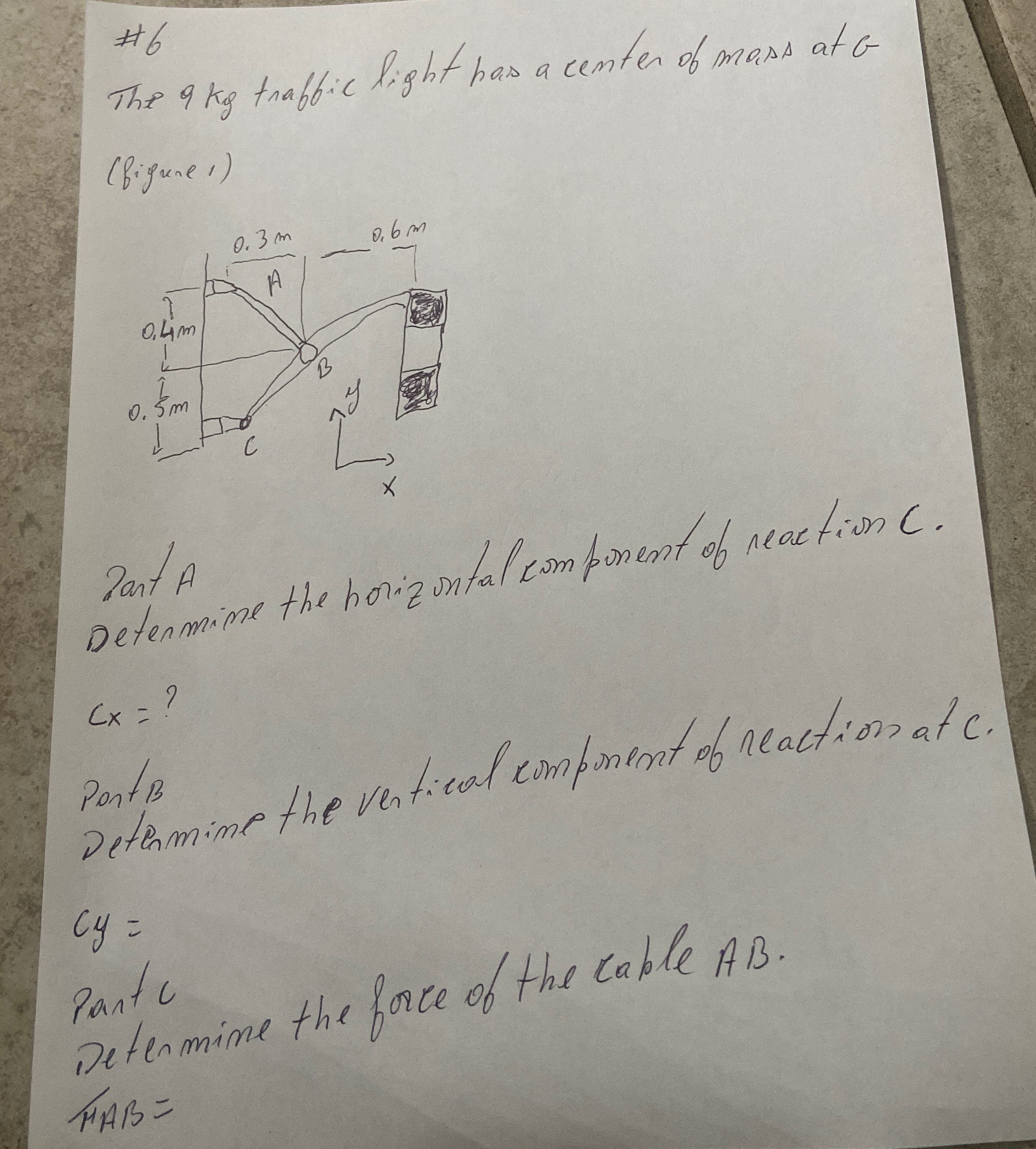The 9 Kg traffic light has a cemter of mass at G