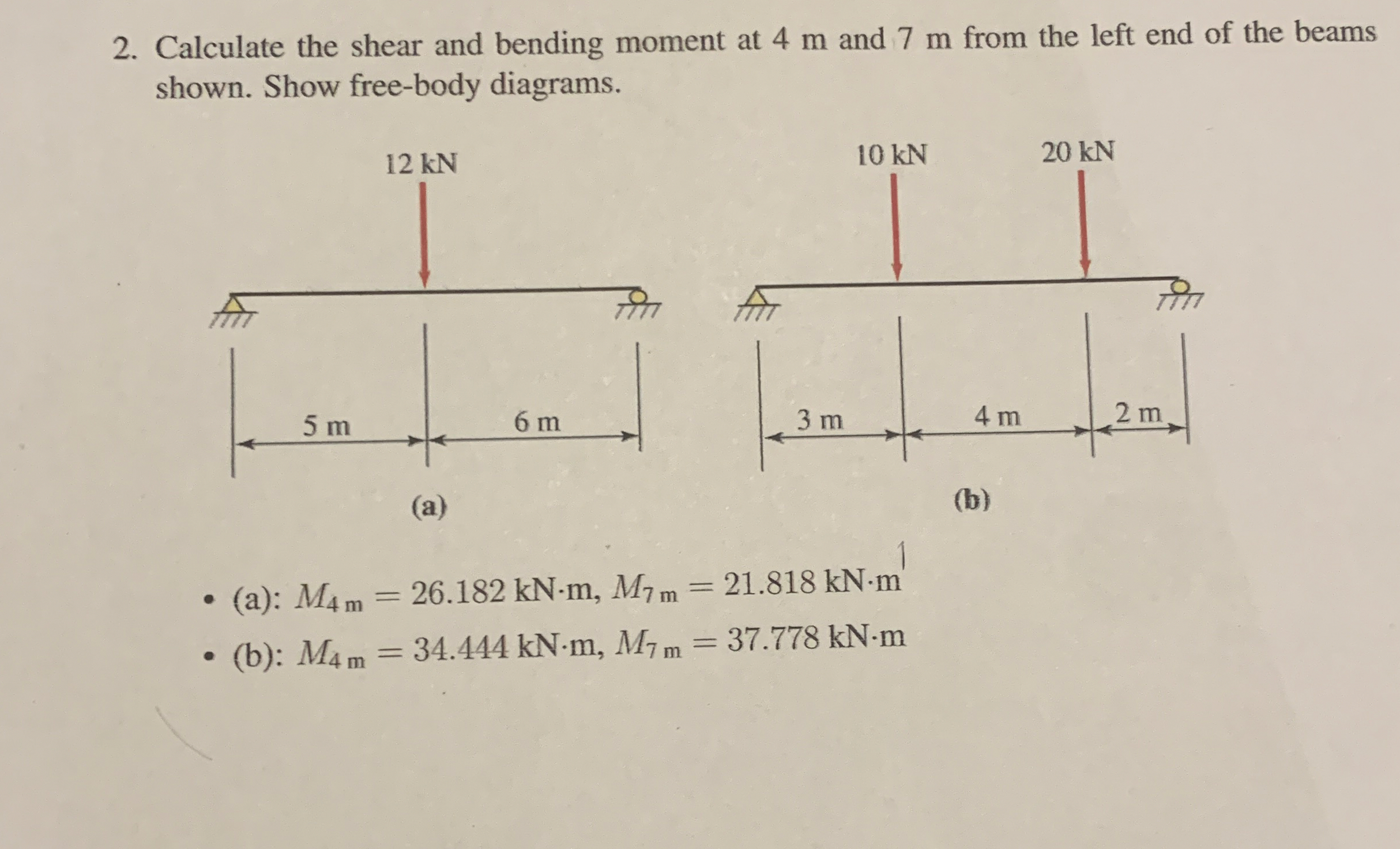 Calculate the shear and bending moment at 4 m and