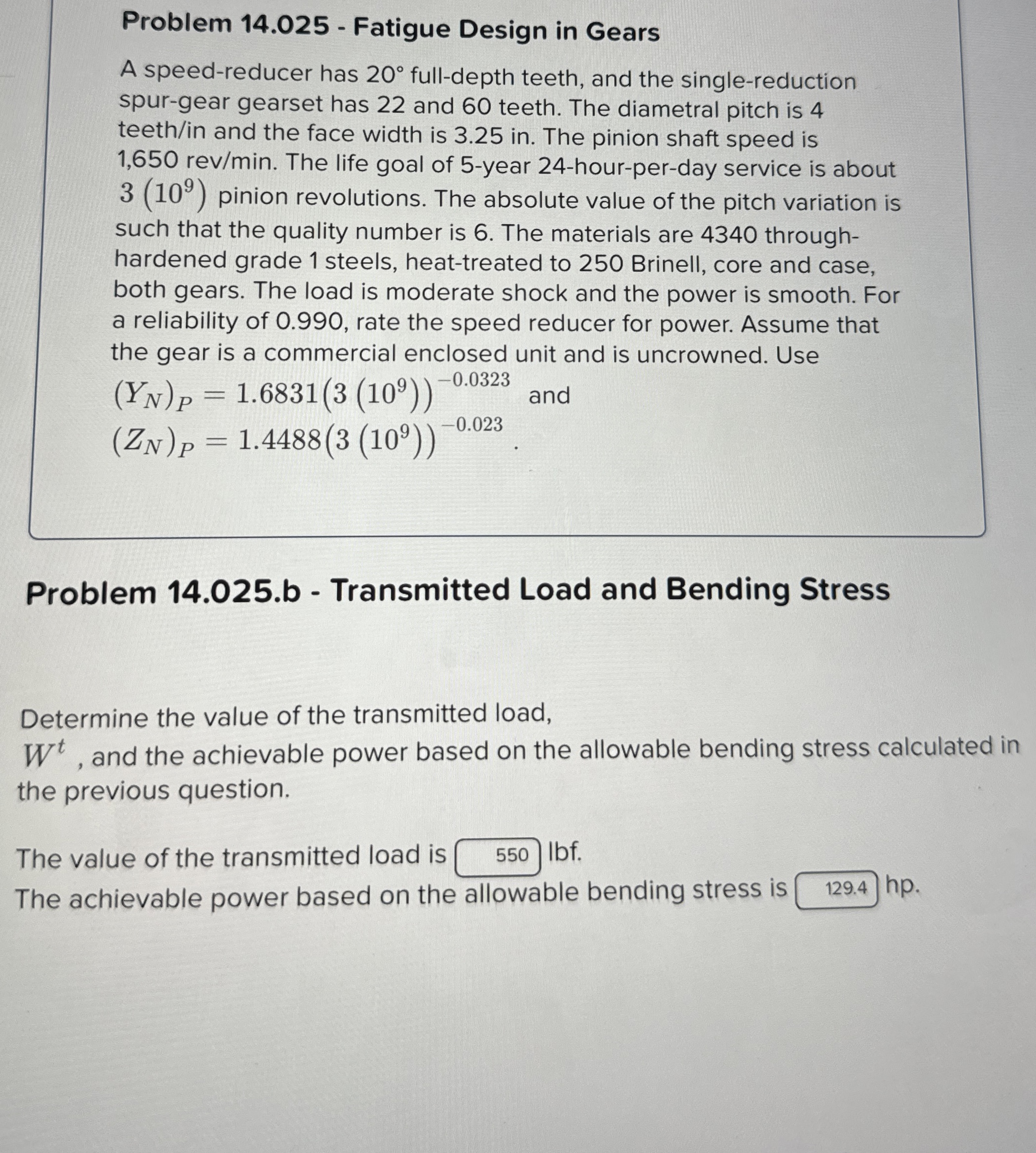 Problem 1 4 . 0 2 5 - Fatigue Design in Gears A