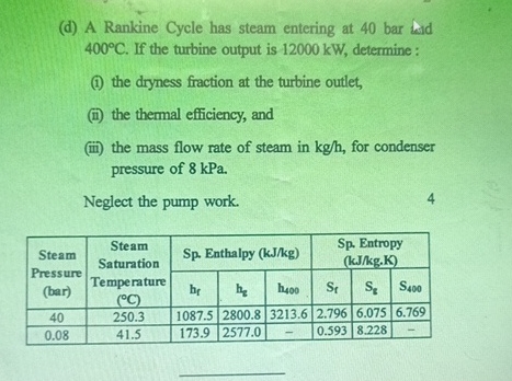 ( d ) A Rankine Cycle has steam entering at 4 0