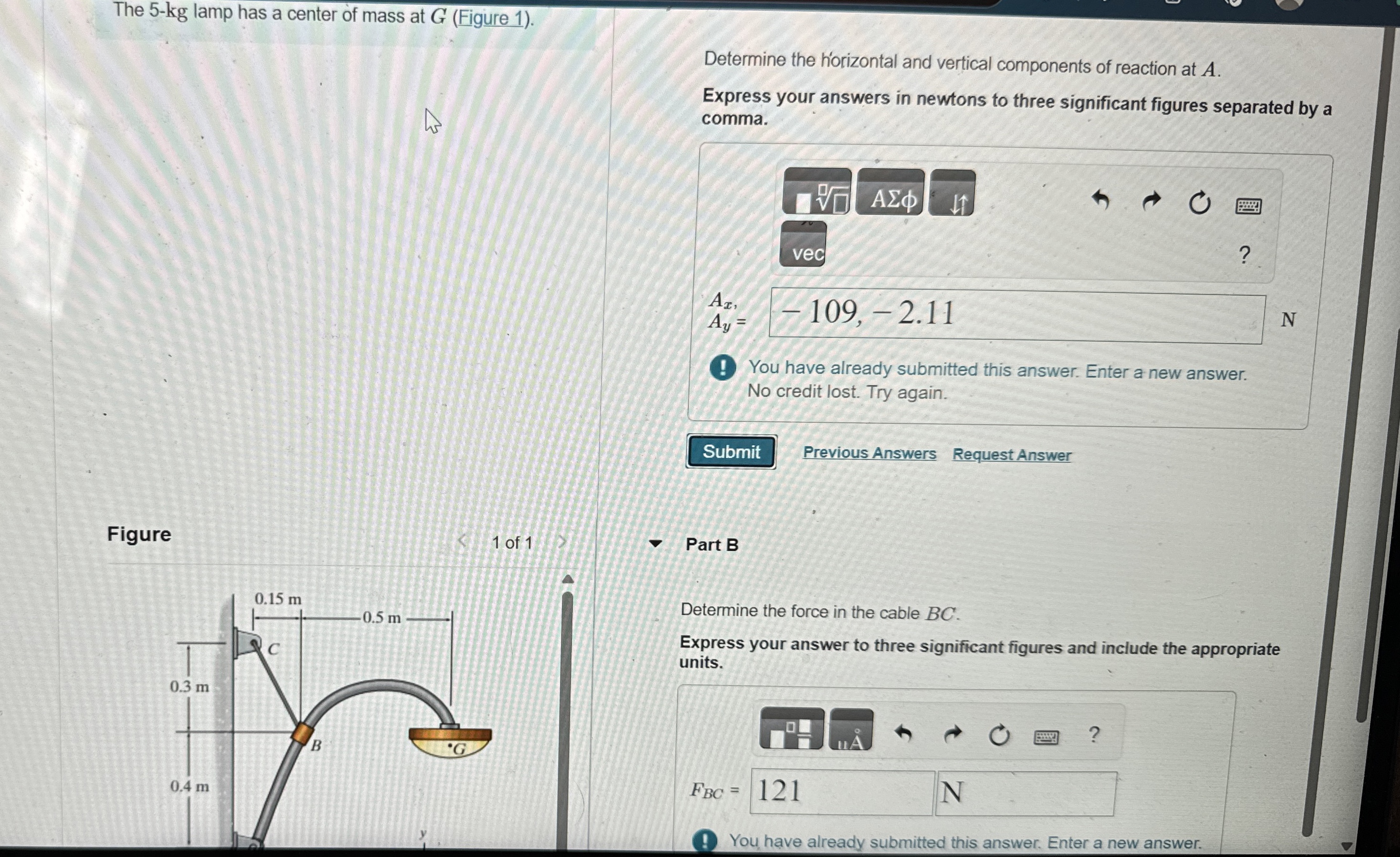 The 5 - kg lamp has a center of mass at G (