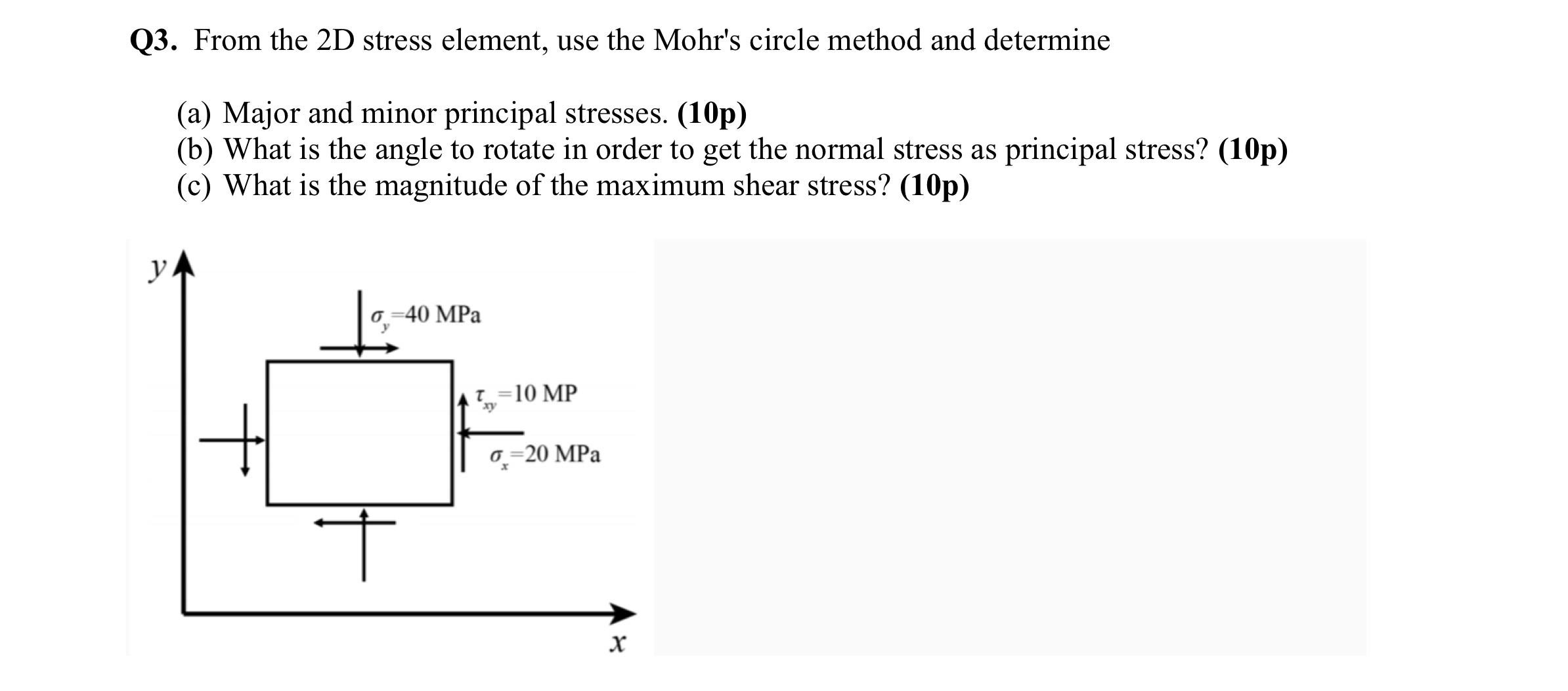 Q 3 . From the 2 D stress element, use the Mohr's