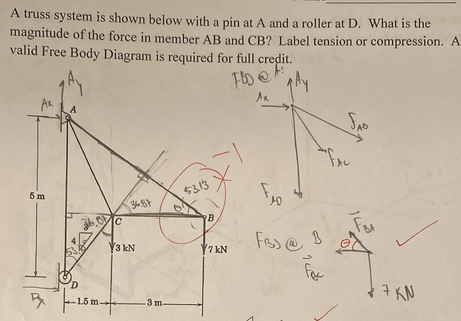 A truss system is shown below with a pin at A and