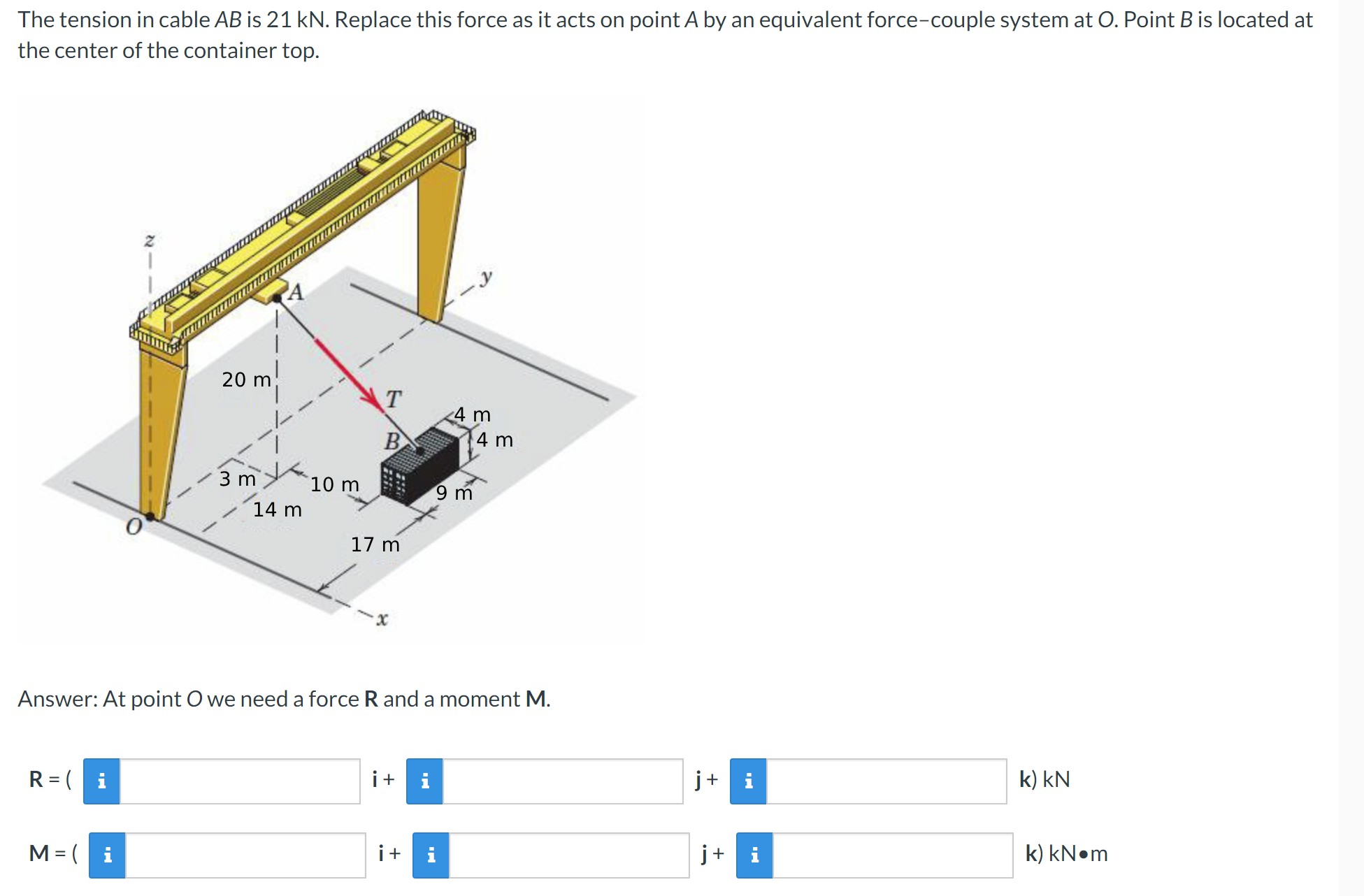 The tension in cable A B is 2 1 kN . Replace this