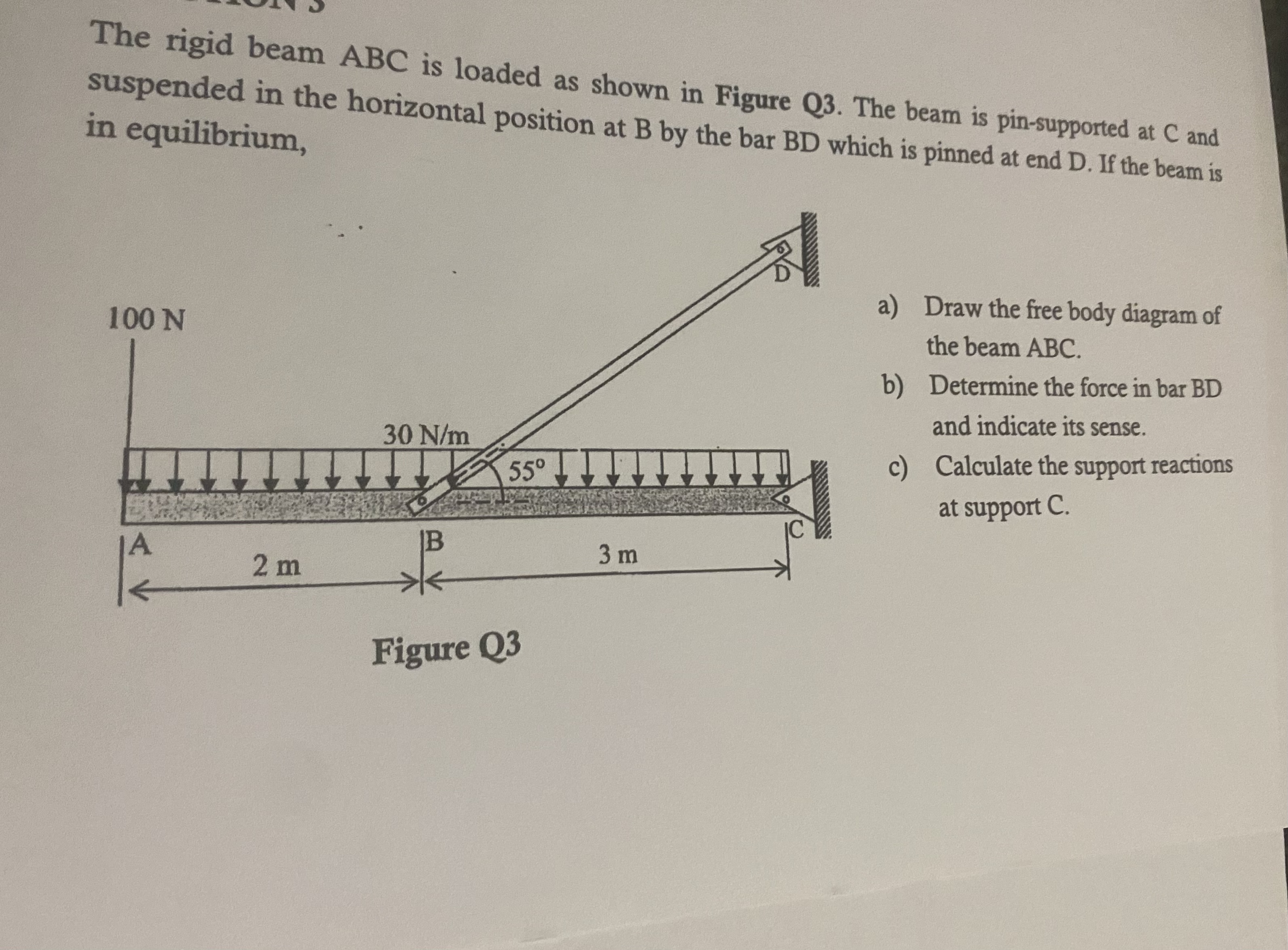 The rigid beam ABC is loaded as shown in Figure Q