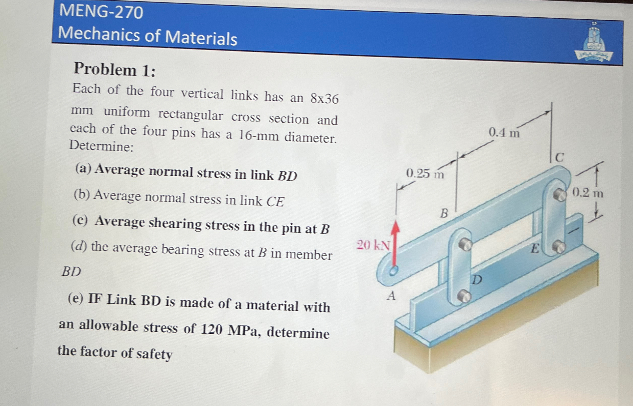 MENG - 2 7 0 Mechanics of Materials Problem 1 :