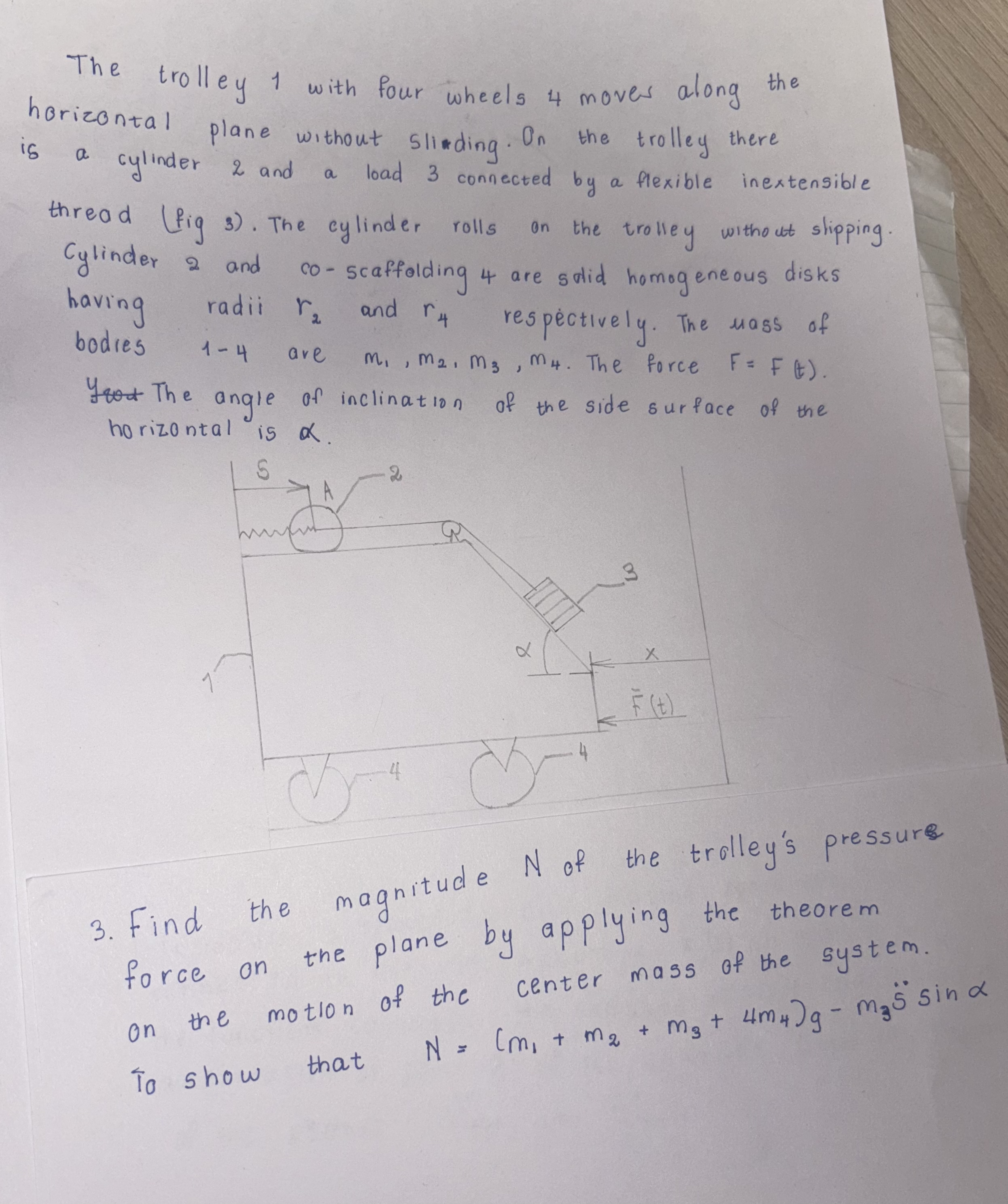 The trolley 1 with four wheels 4 moves along the