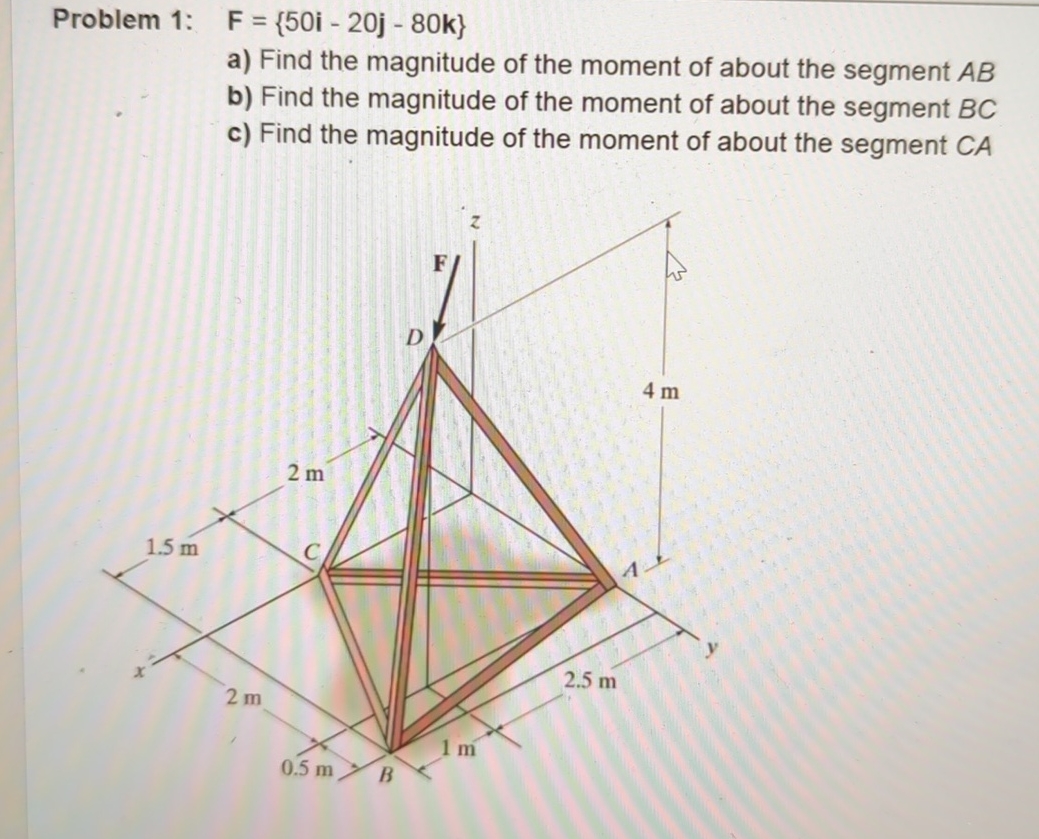Problem 1 : , F = { 5 0 i - 2 0 j - 8 0 k } a )