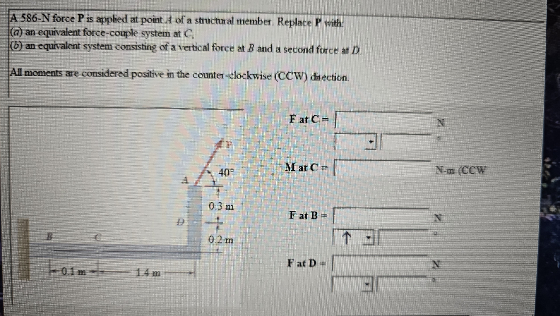A 5 8 6 - N force P is applied at point A of a