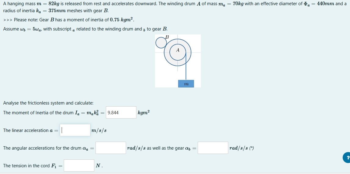 A hanging mass m = 8 2 k g is released from rest