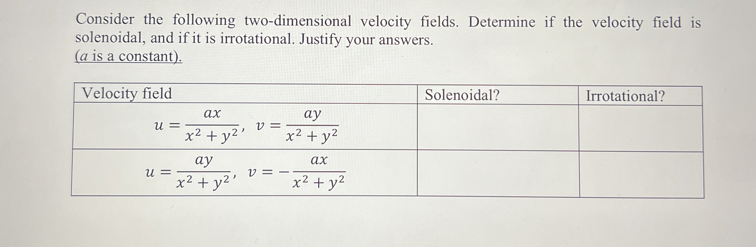 Consider the following two - dimensional velocity