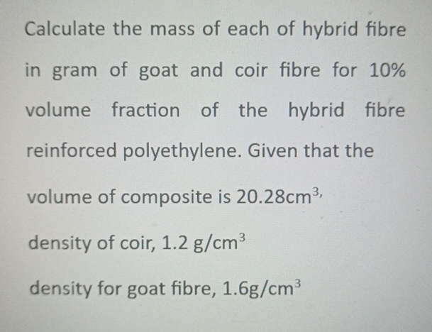 Calculate the mass of each of hybrid fibre in