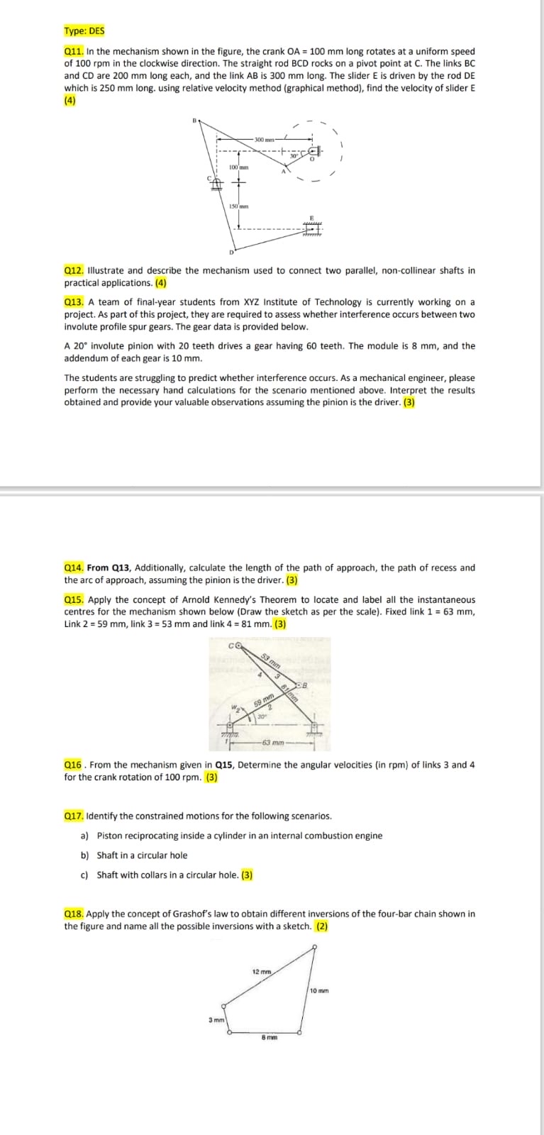 Type: DES Q 1 1 . In the mechanism shown in the