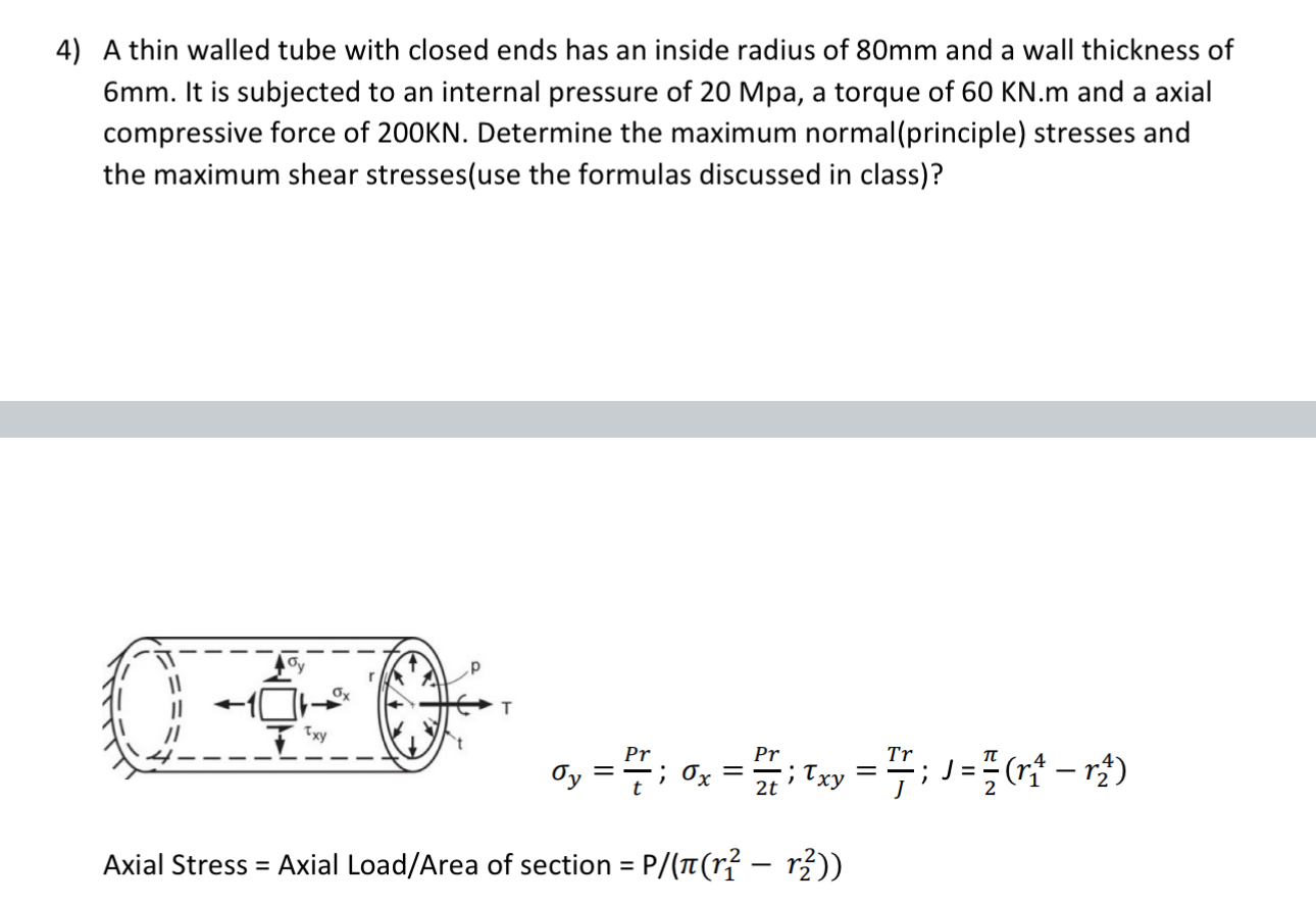 A thin walled tube with closed ends has an inside