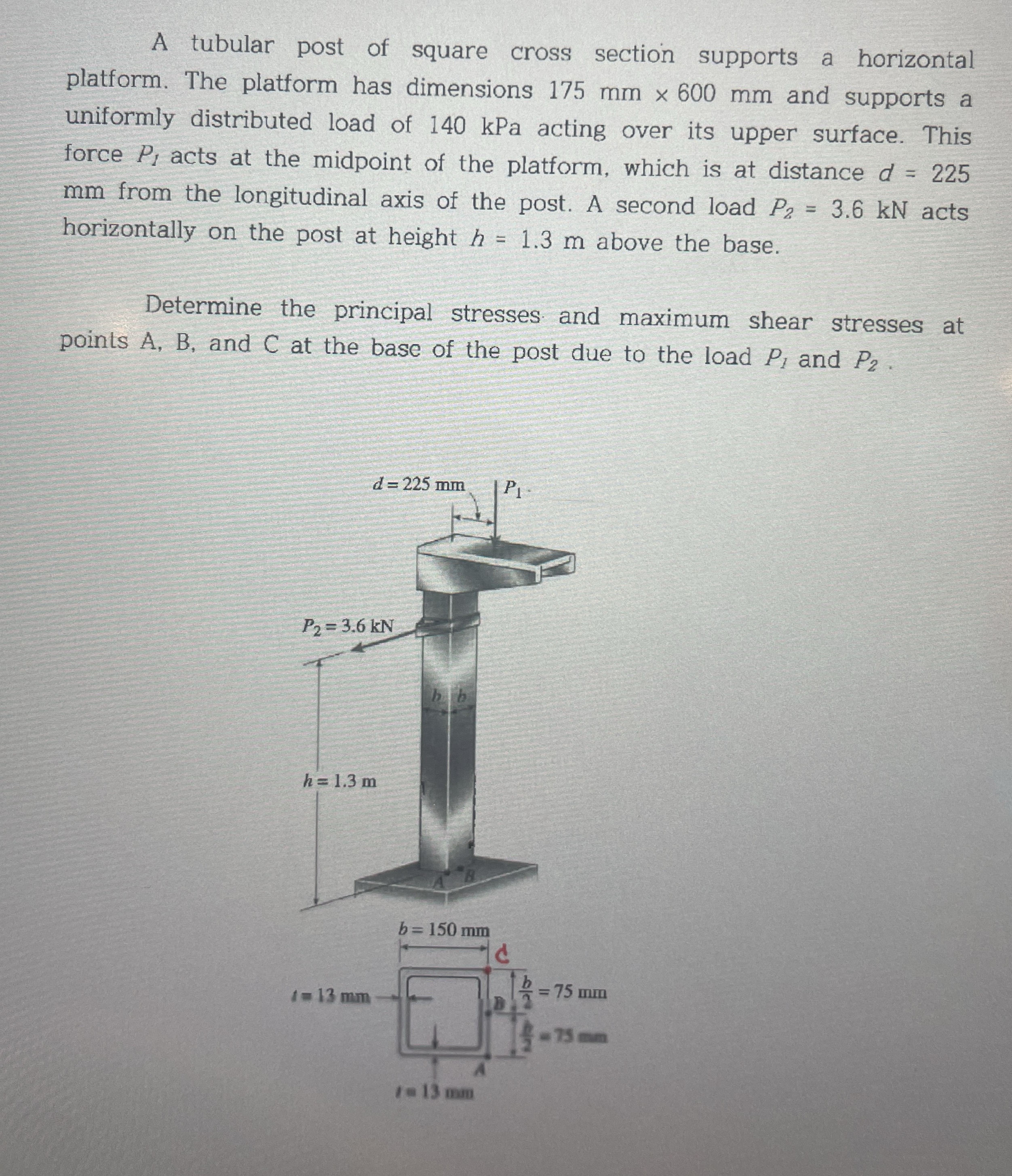 A tubular post of square cross section supports a