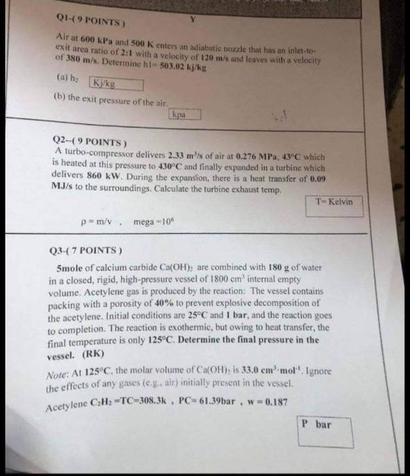 Q 1 - ( 9 FOINTS ) Air at 6 0 0 kPa and 5 0 0 K
