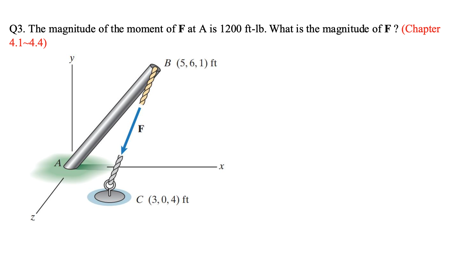 Q 3 . The magnitude of the moment of F at A is 1