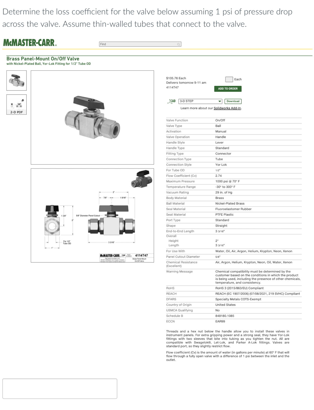 Determine the loss coefficient for the valve