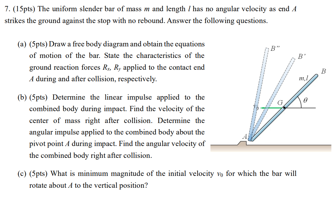 7 . ( 1 5 pts ) The uniform slender bar of mass \