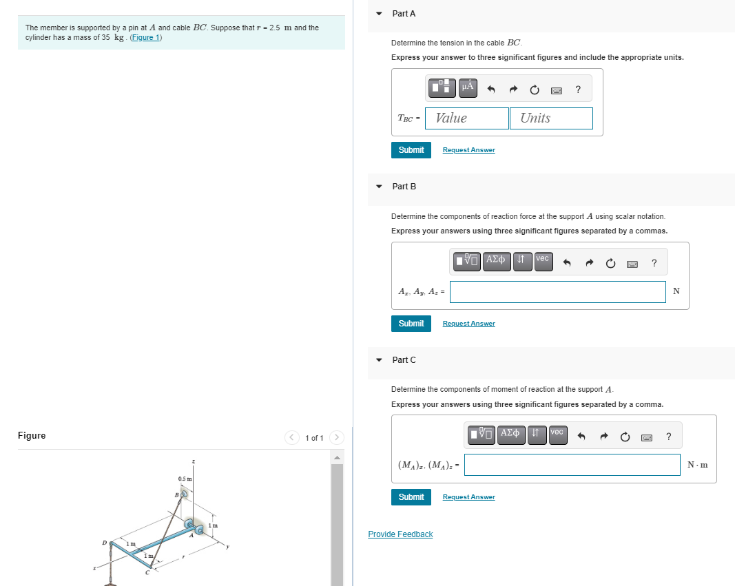 The member is supported by a pin at \ ( A \ ) and