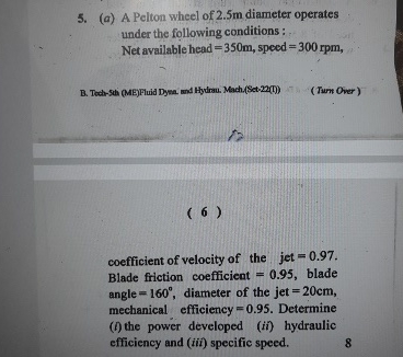 ( a ) A Pelton wheel of 2 . 5 m diameter operates