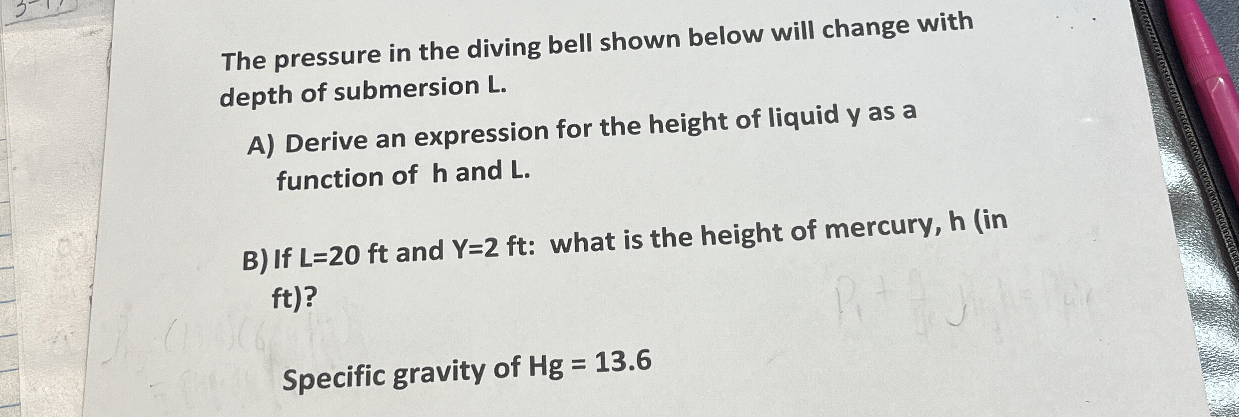 The pressure in the diving bell shown below will