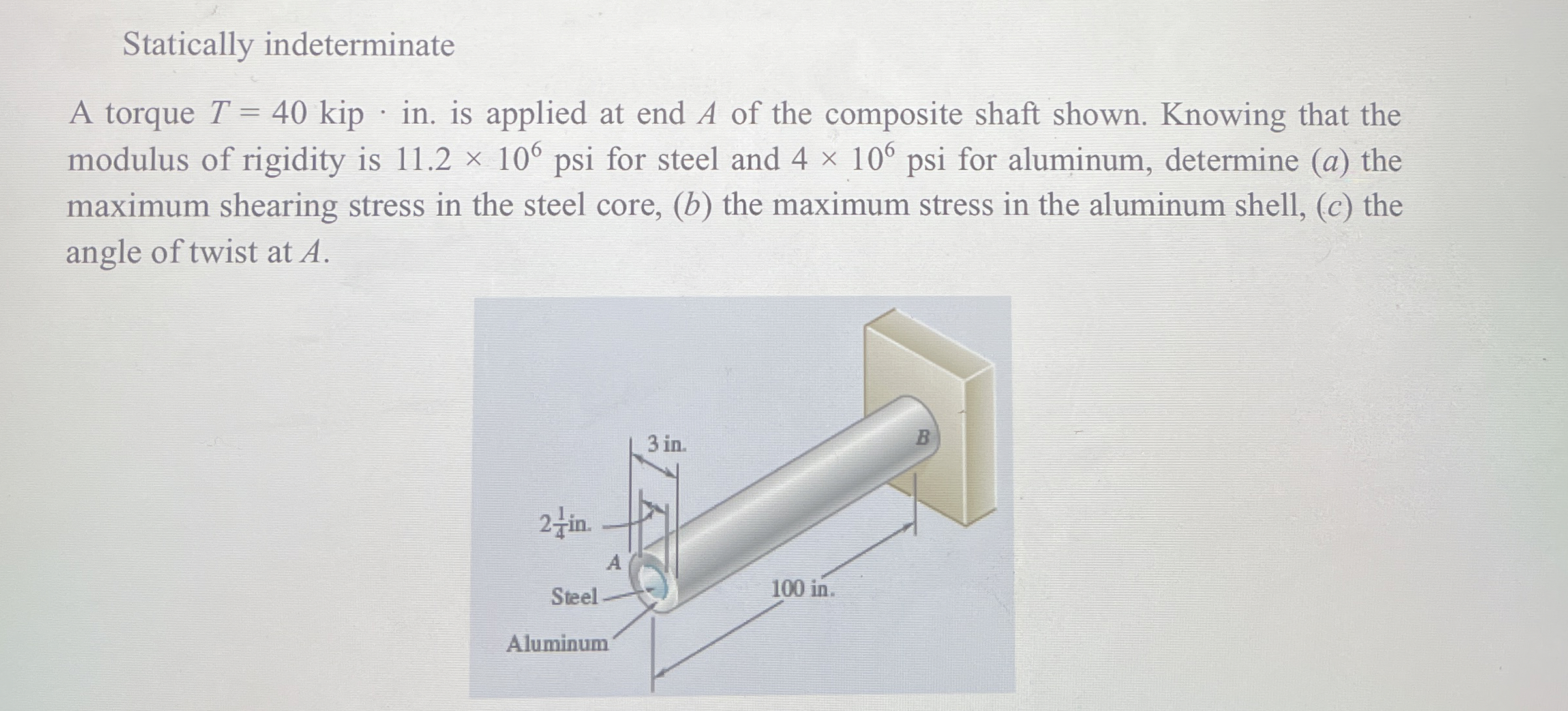 Statically indeterminate A torque T = 4 0 kip * i