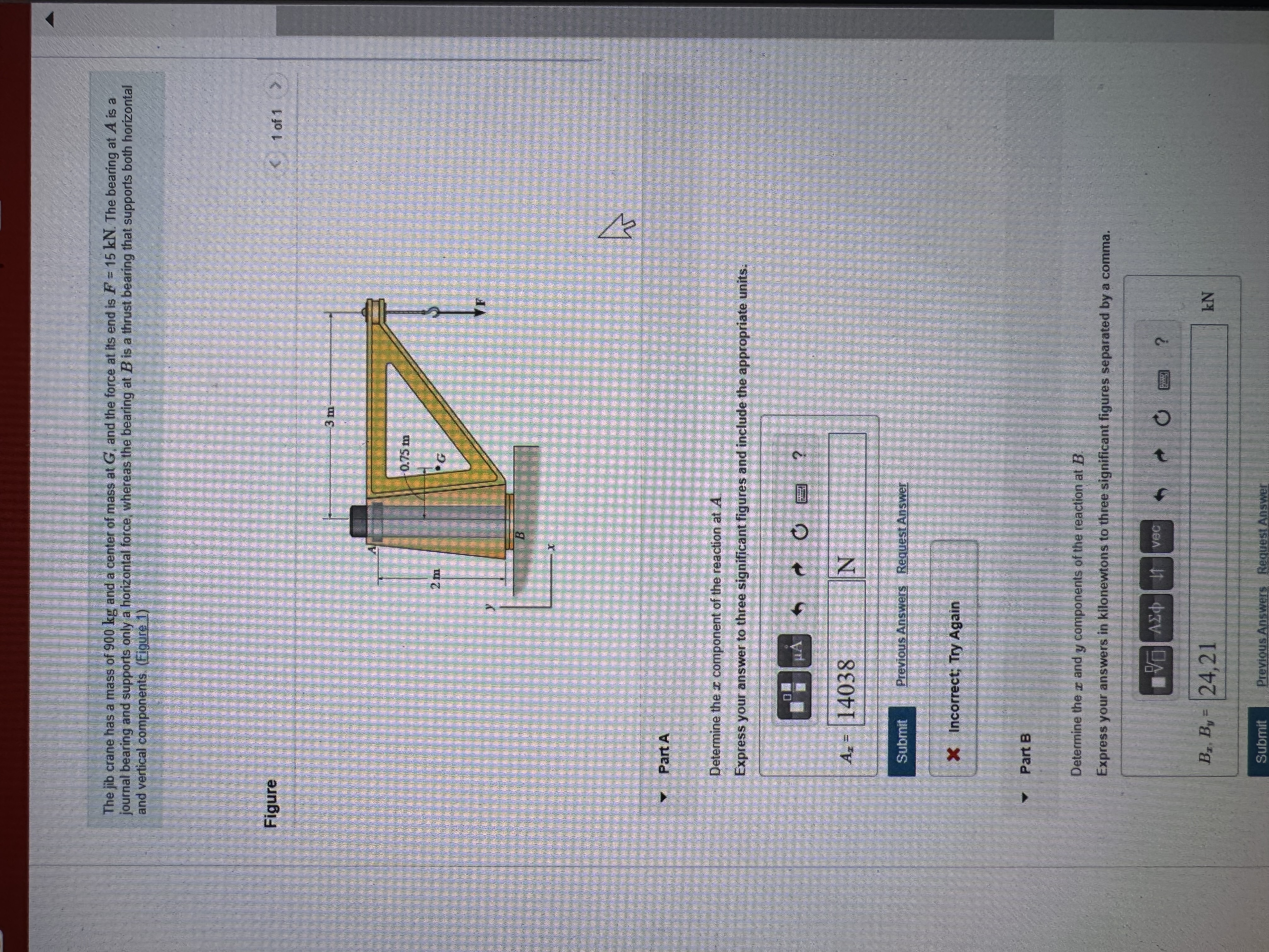The jib crane has a mass of 9 0 0 kg and a center