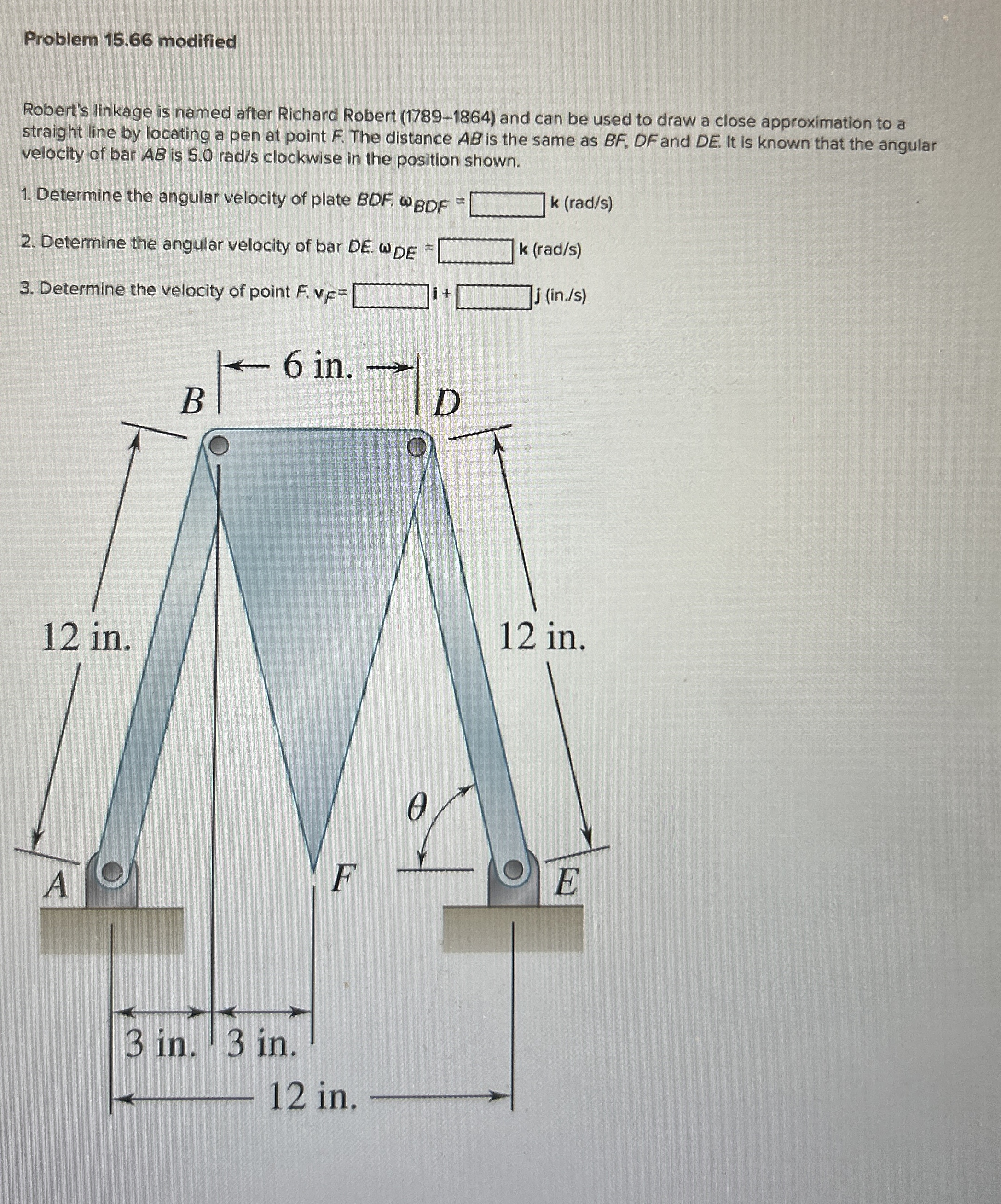 Problem 1 5 . 6 6 modified Robert's linkage is