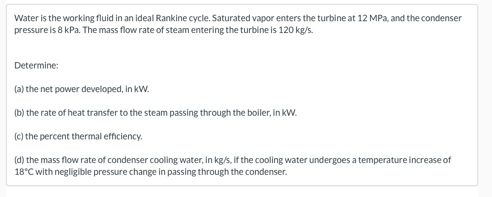 Water is the working fluid in an ideal Rankine