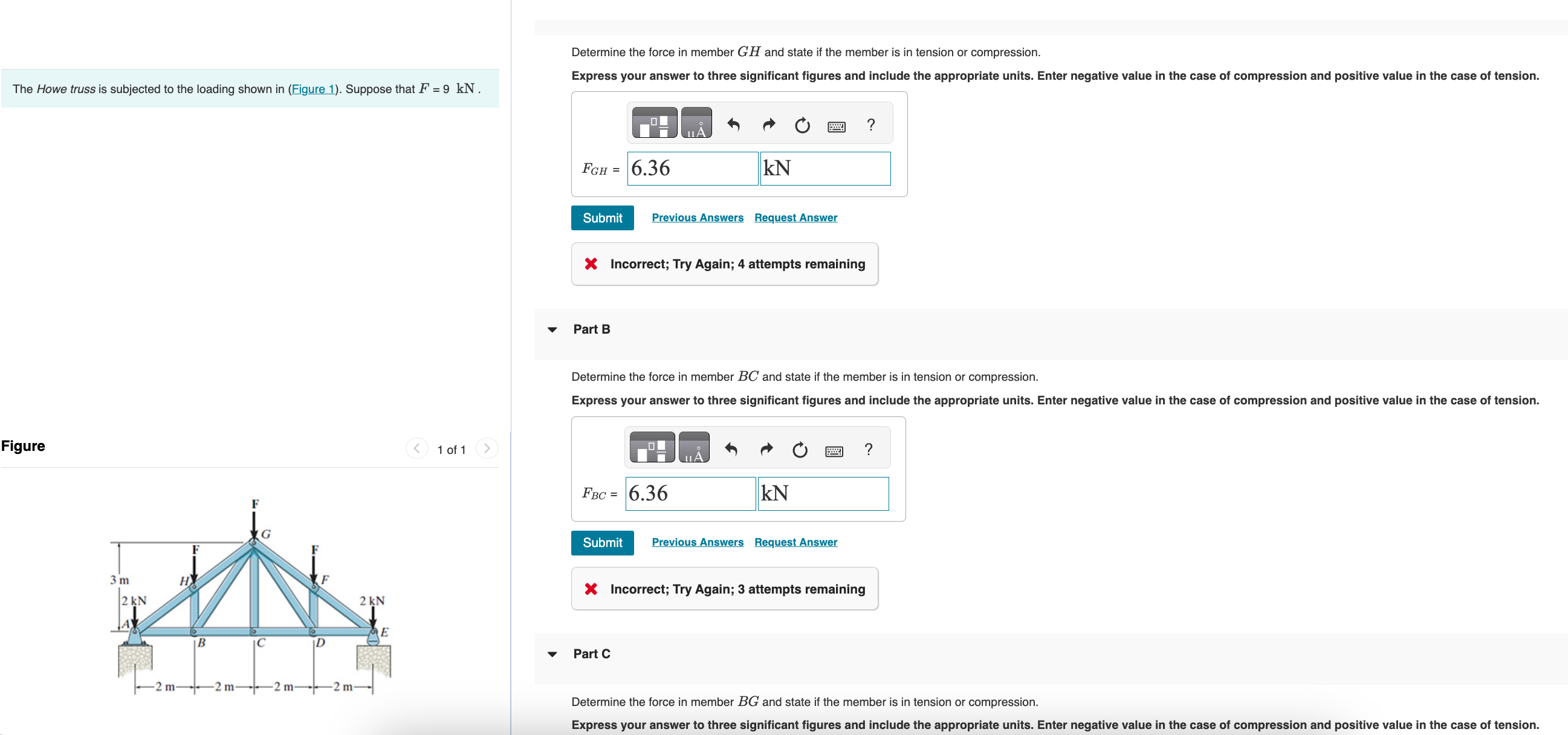 Determine the force in member G H and state if