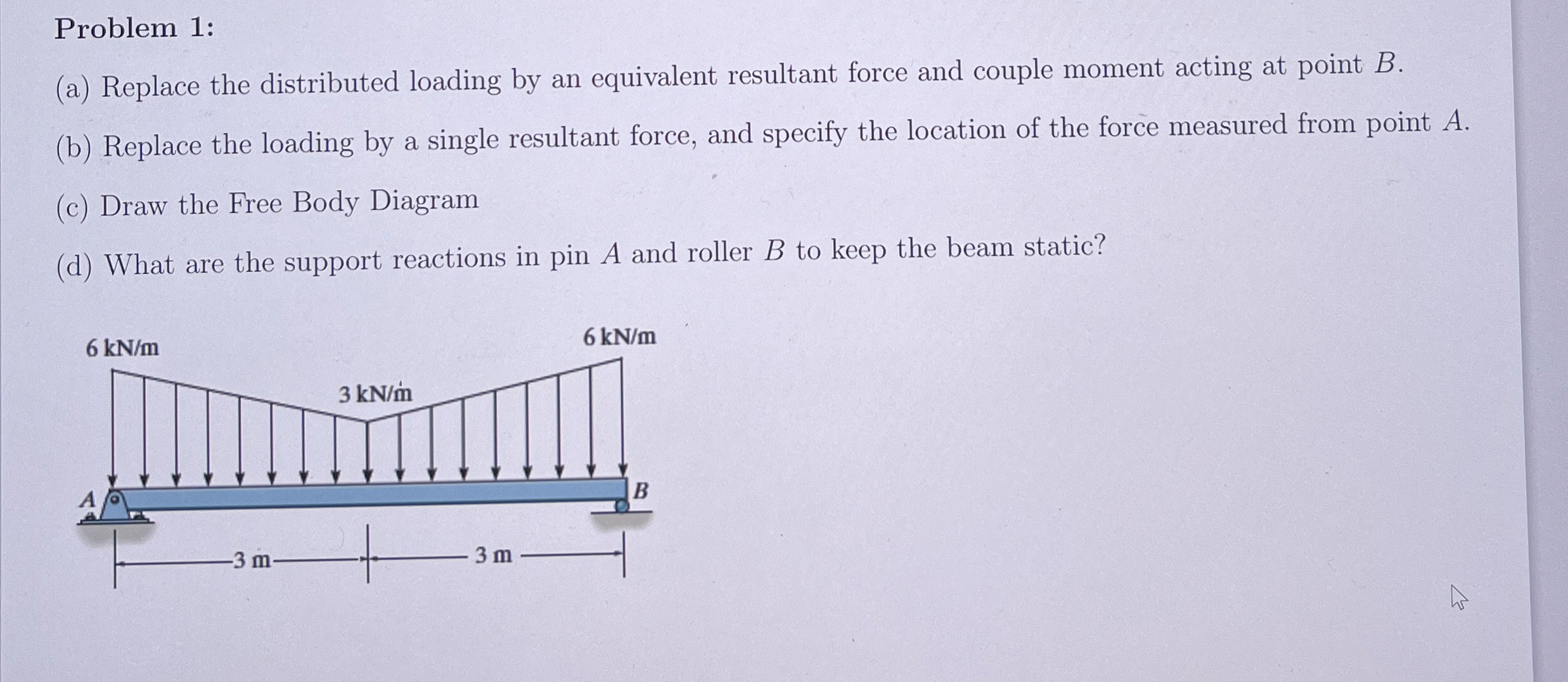 Problem 1 : ( a ) Replace the distributed loading