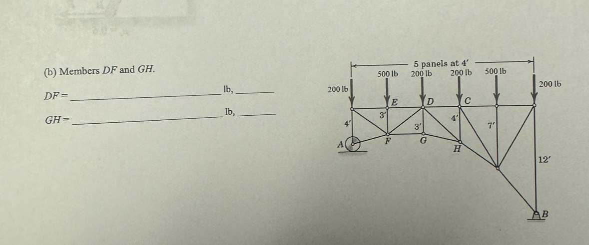 ( b ) Members D F and GH . D F = lb , G H = lb ,