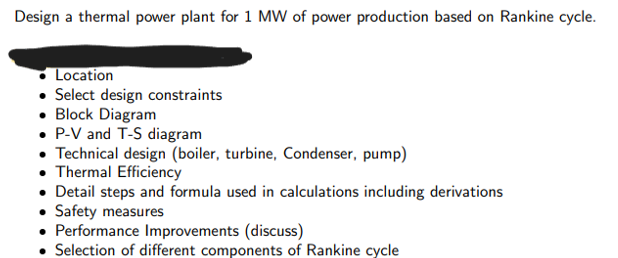 Design a thermal power plant for 1 MW of power