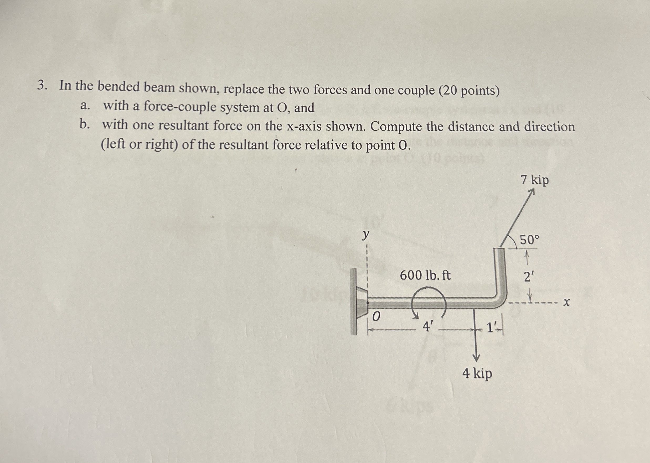 In the bended beam shown, replace the two forces