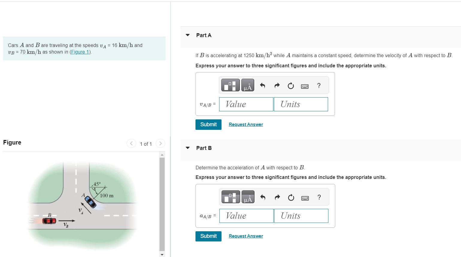 Cars A and B are traveling at the speeds v A = 1