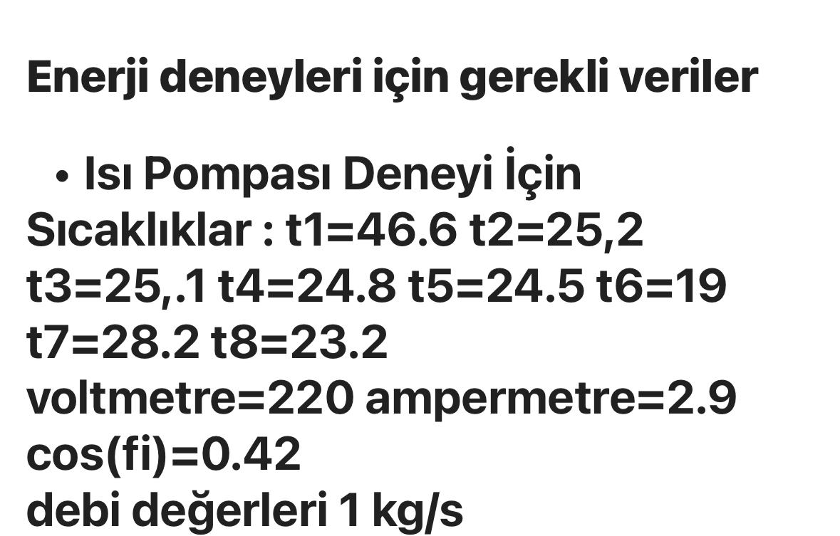 Enerji deneyleri i in gerekli veriler Is Pompas