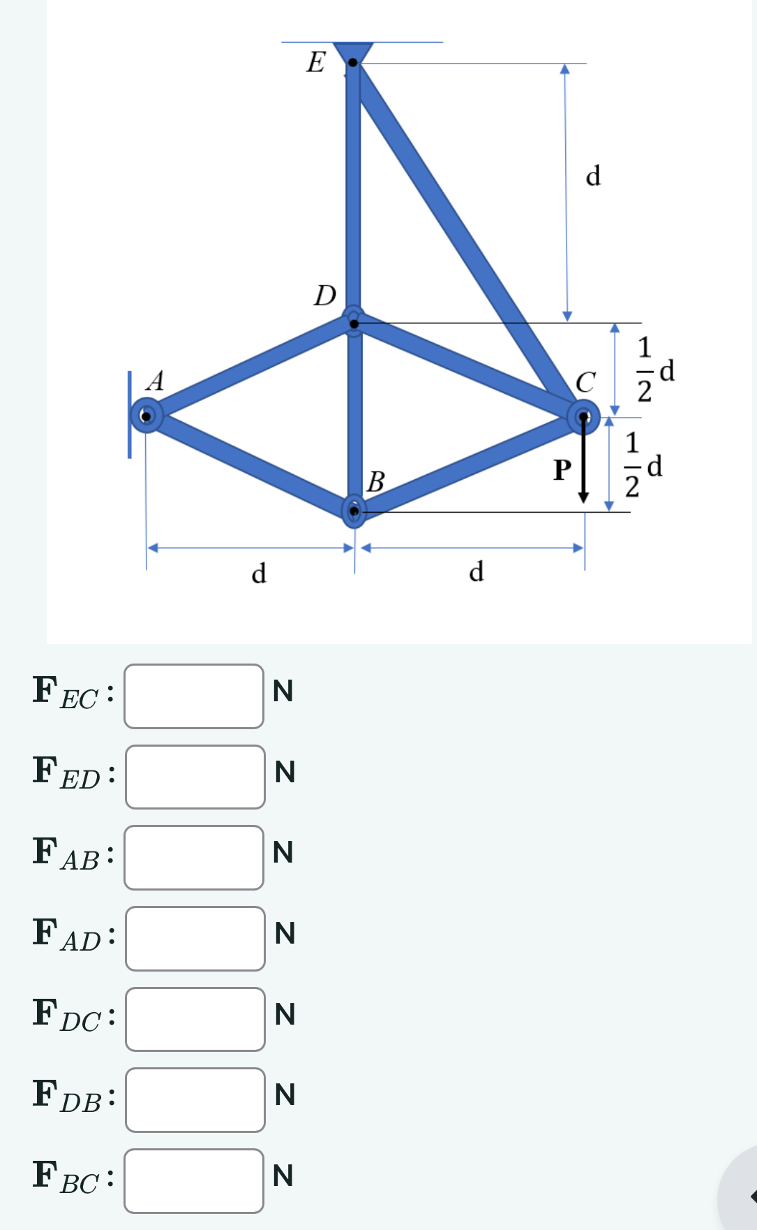 Given d = 5 m and a load P = 4 N is applied to