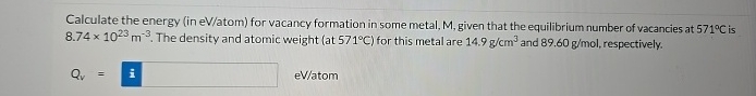 Calculate the energy ( in eV / atom ) for vacancy