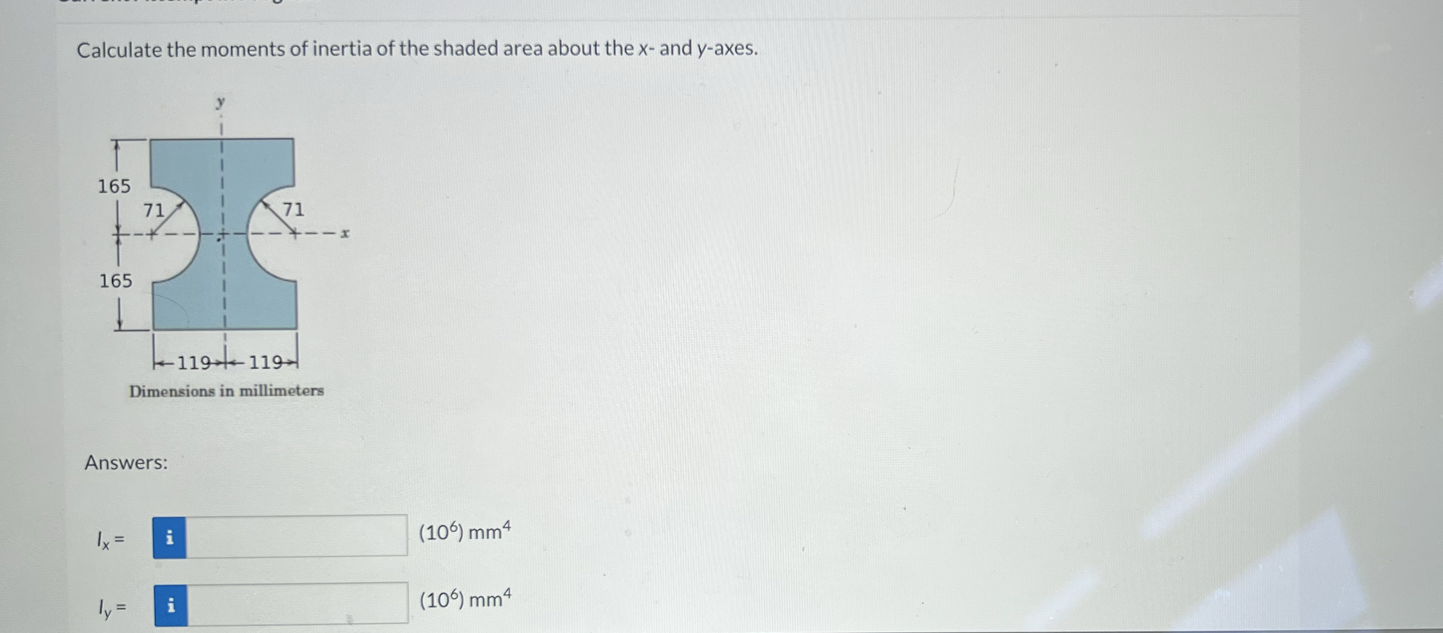 Calculate the moments of inertia of the shaded