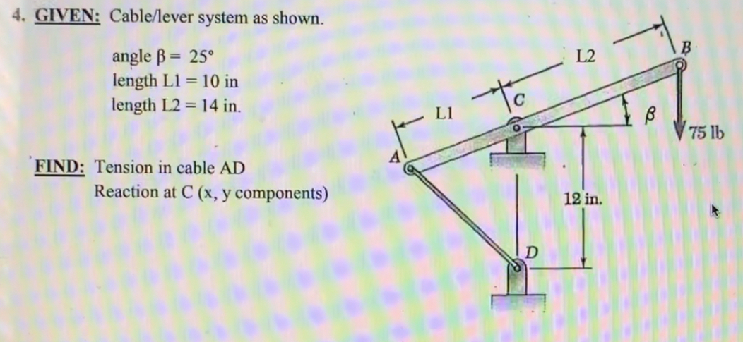 GIVEN: Cable / lever system as shown. angle = 2 5