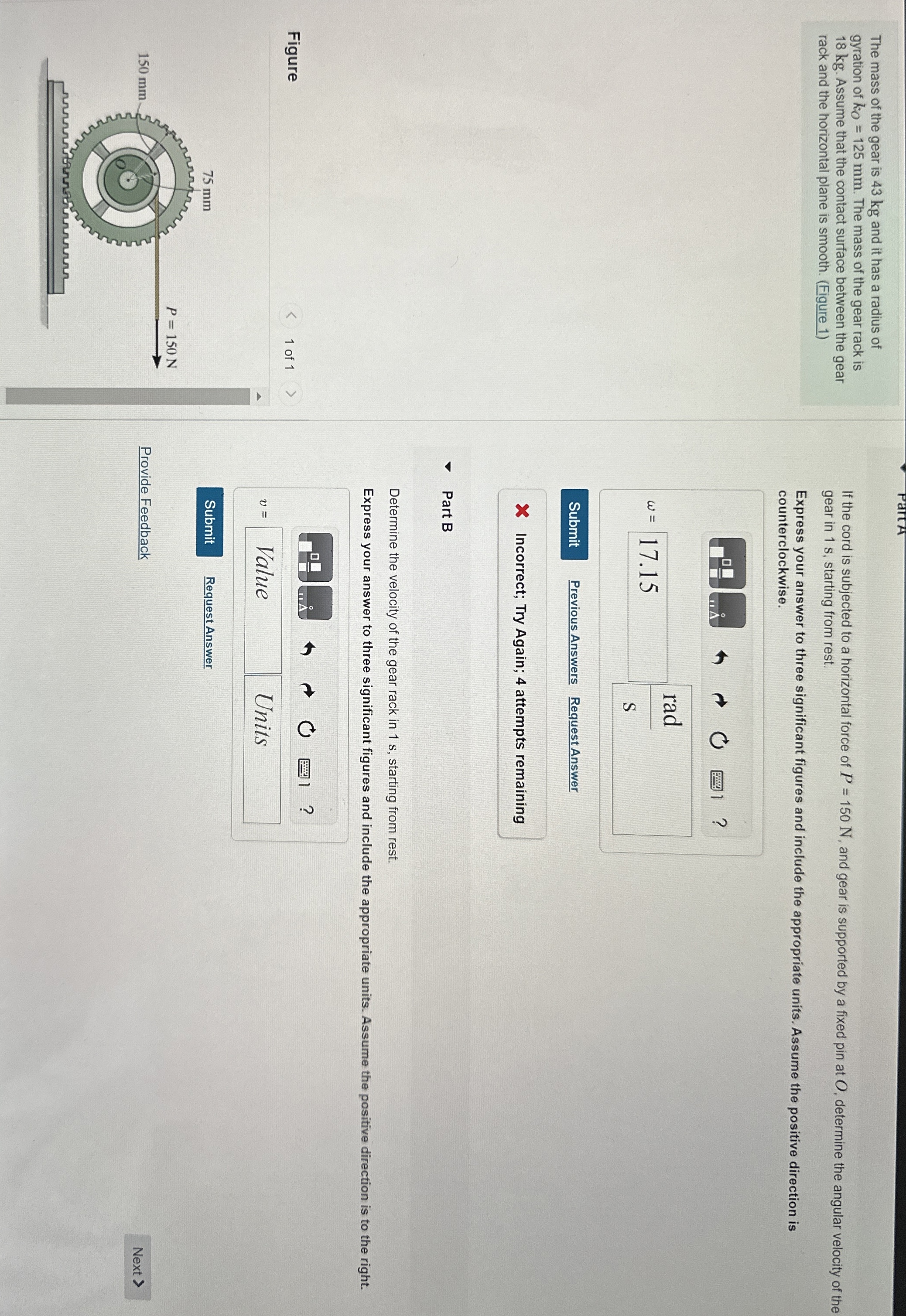 The mass of the gear is 4 3 kg and it has a