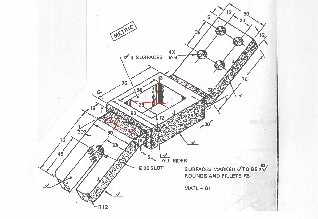 Draw top, front, side, and auxiliary views of