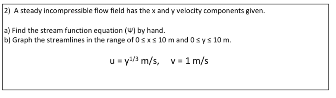 A steady incompressible flow field has the x and