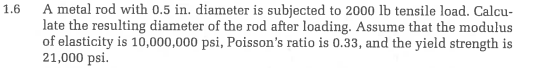 1 . 6 A metal rod with 0 . 5 in . diameter is
